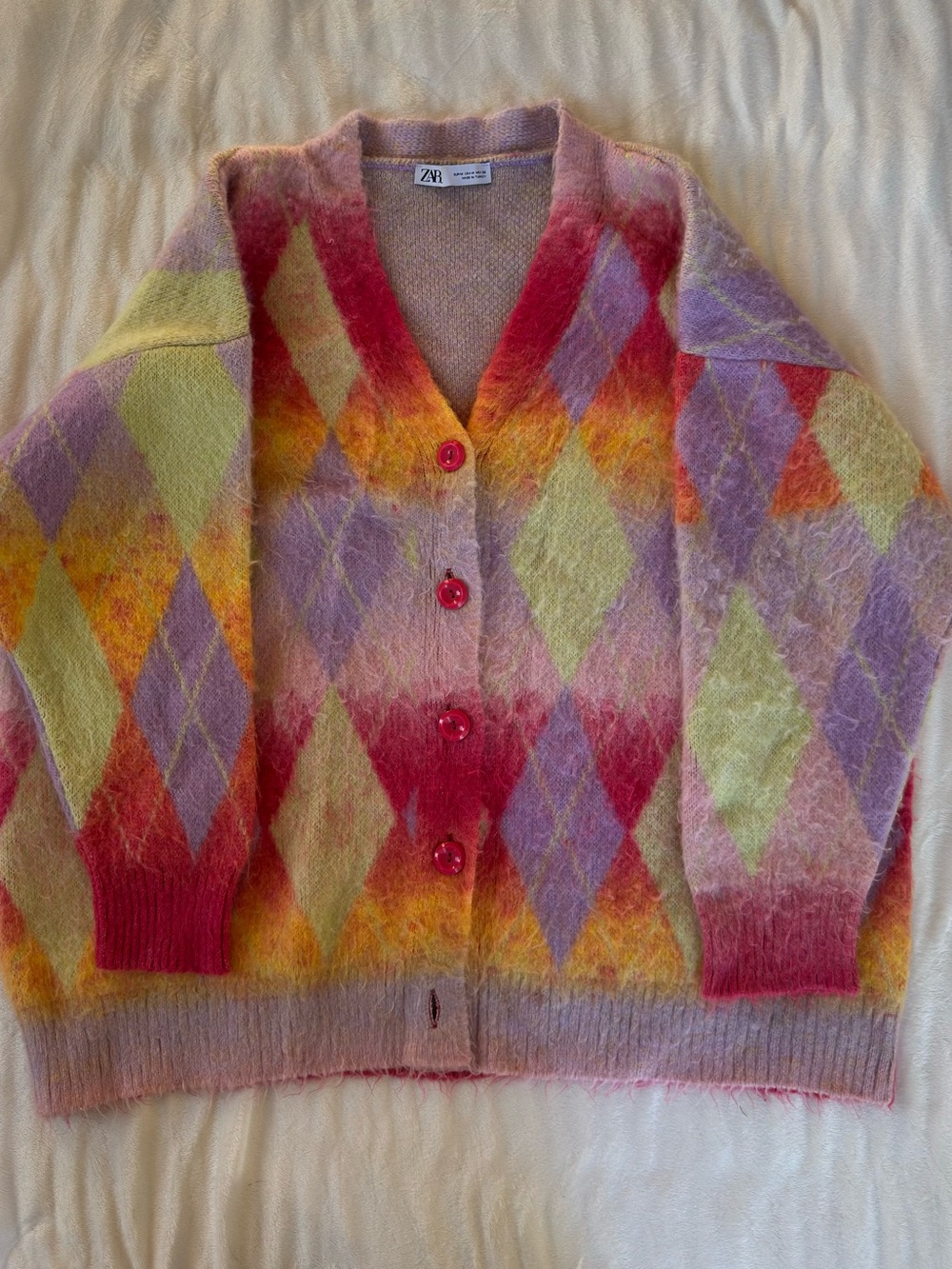 Zara fuzzy argyle cardigan sweater M